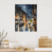 Regenachtige stad waterverf kunst poster (Keuken)