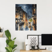 Regenachtige stad waterverf kunst poster (Thuiskantoor)