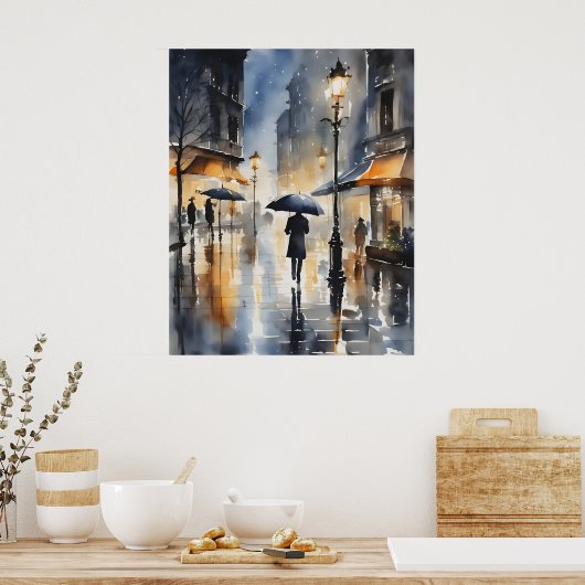 Regenachtige stad waterverf kunst poster (Keuken)