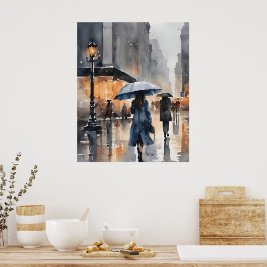 Regenachtige stad waterverf kunst poster (Keuken)
