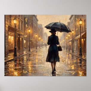 Regenachtige Straatparaplu Schilderij Stad Poster