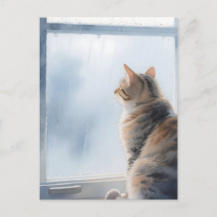 Regenachtige venster waterverf tabby kat briefkaart