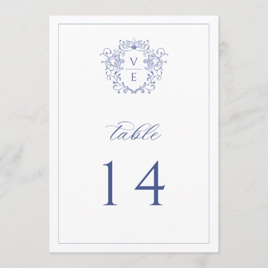 Regenblauw Monogram Crest Wedingstabel Nummer Programmakaart (Achterkant)