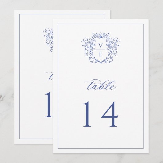 Regenblauw Monogram Crest Wedingstabel Nummer Programmakaart (Voorkant / Achterkant)
