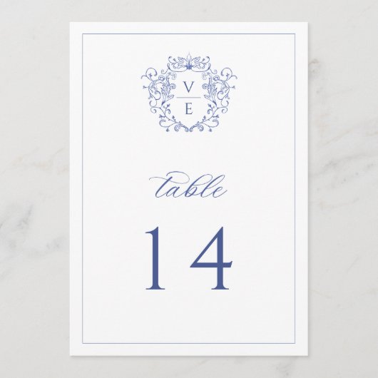 Regenblauw Monogram Crest Wedingstabel Nummer Programmakaart (Voorkant)