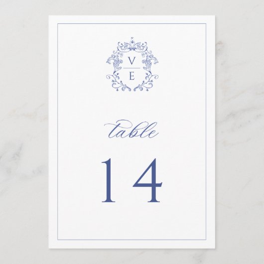 Regenblauw Monogram Crest Wedingstabel Nummer Programmakaart (Achterkant)