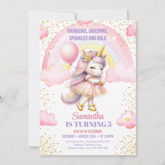 Regenbogen, Eenhoorns, Sparkles en Gouden verjaard Kaart (Voorkant)