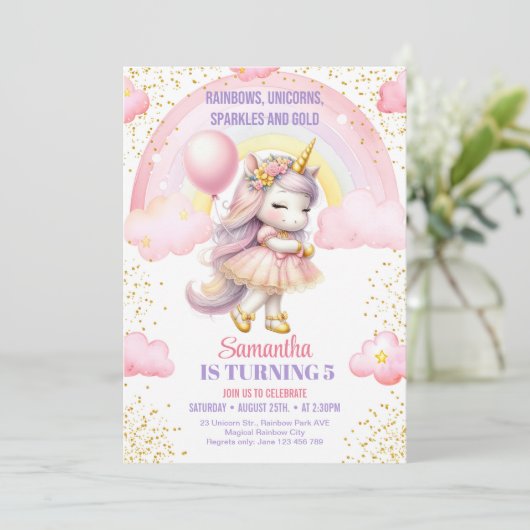 Regenbogen, Eenhoorns, Sparkles en Gouden verjaard Kaart (Staand voorkant)