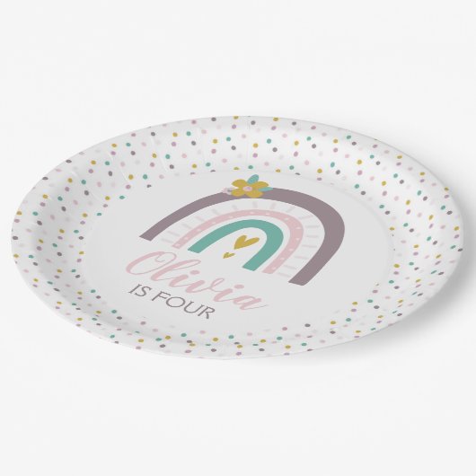 Regenbogen en bloemetjes verjaardagsfeestje borden papieren bordje (Gekanteld)