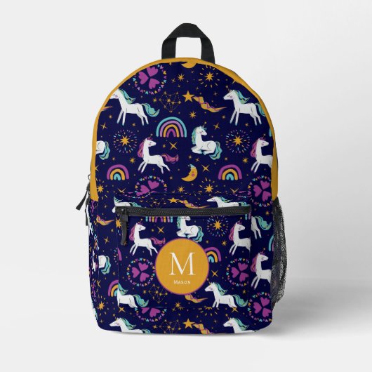 Regenbogen en eenhoorns met mosterd bedrukte rugzak (Voorkant)