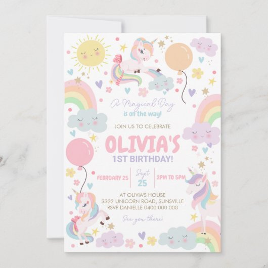 Regenbogen en Eenhoorns Verjaardag Uitnodiging Een (Voorkant)