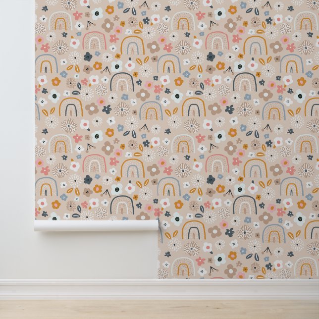 Regenbogen en handgetekende bloemen behang (Applicatie)
