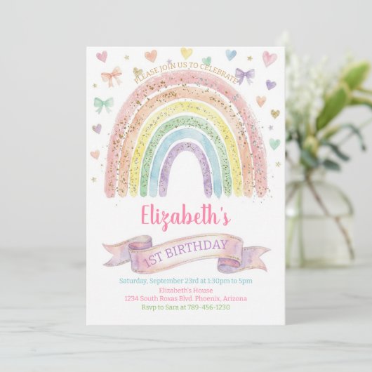 Regenbogen en Harten Eerste Verjaardagsuitnodiging Kaart (Staand voorkant)