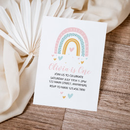 Regenbogen en Hartjes Eerste Verjaardag Uitnodigin Kaart