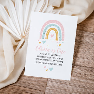 Regenbogen en Hartjes Eerste Verjaardag Uitnodigin Kaart