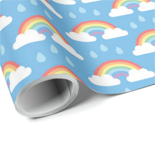 Regenbogen en regendruppels op lichtblauw cadeaupapier