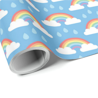 Regenbogen en regendruppels op lichtblauw cadeaupapier