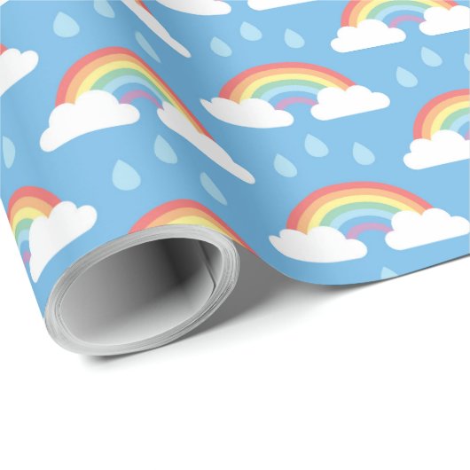 Regenbogen en regendruppels op lichtblauw cadeaupapier (Rol Hoek)