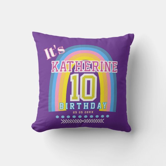 Regenboog 10e verjaardag paars kussen (Voorkant)