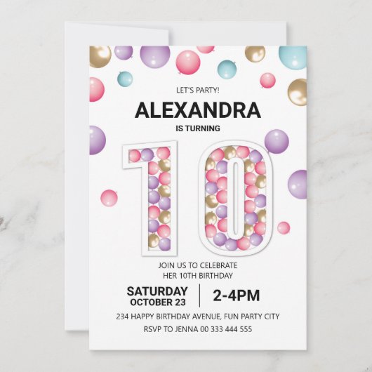 Regenboog 10e Verjaardagsfeestje, Roze Ballon Meis Kaart (Voorkant)