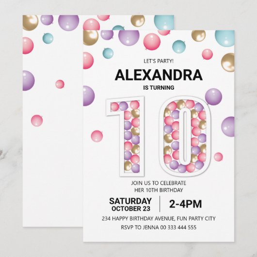 Regenboog 10e Verjaardagsfeestje, Roze Ballon Meis Kaart (Voorkant / Achterkant)