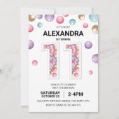 Regenboog 11e Verjaardagsfeestje, Roze Ballon Meis Kaart (Voorkant)