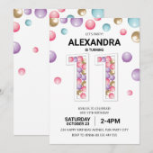 Regenboog 11e Verjaardagsfeestje, Roze Ballon Meis Kaart (Voorkant / Achterkant)