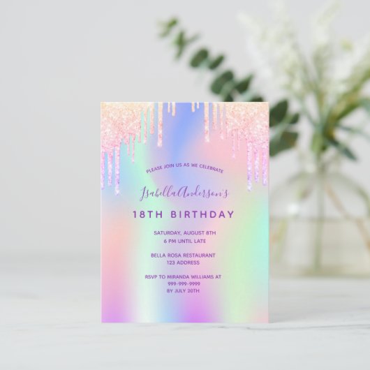 Regenboog 18e verjaardag glitter roze glazen uitno briefkaart (Staand voorkant)