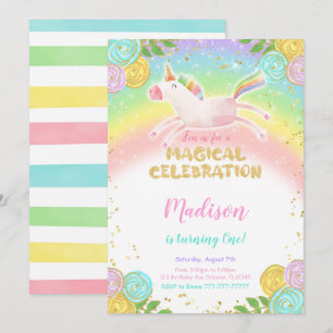 Regenboog 1e Verjaardag Eenhoorn Party Uitnodiging