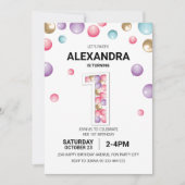 Regenboog 1e verjaardagsfeestje, roze ballon meisj kaart (Voorkant)