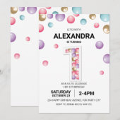 Regenboog 1e verjaardagsfeestje, roze ballon meisj kaart (Voorkant / Achterkant)