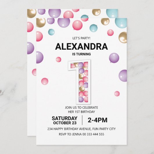 Regenboog 1e verjaardagsfeestje, roze ballon meisj kaart (Voorkant / Achterkant)