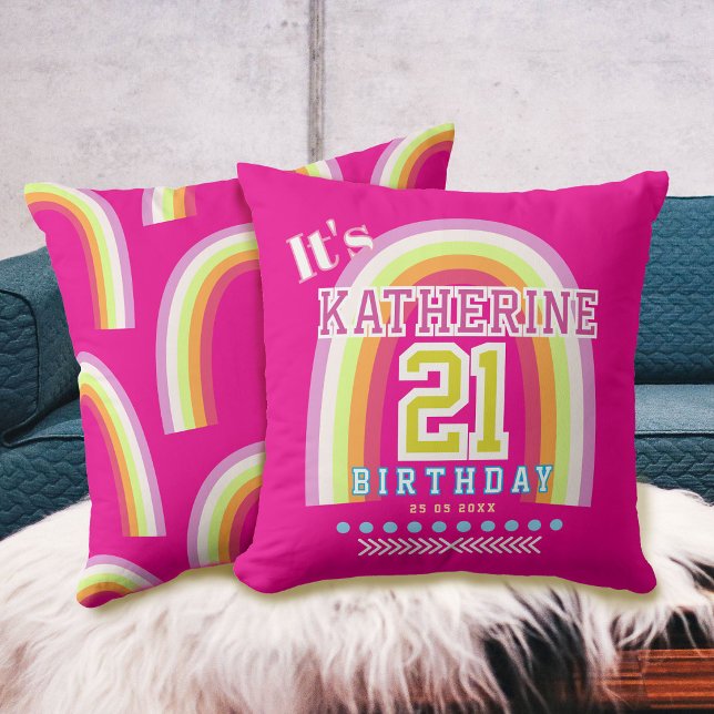 Regenboog 21e verjaardag Hot Pink Kussen (Rainbow 21st Birthday Hot Pink Throw Pillow)
