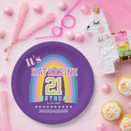 Regenboog 21e verjaardag paars papieren bordje
