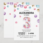 Regenboog 3e verjaardagsfeestje, roze ballon meisj kaart (Voorkant / Achterkant)