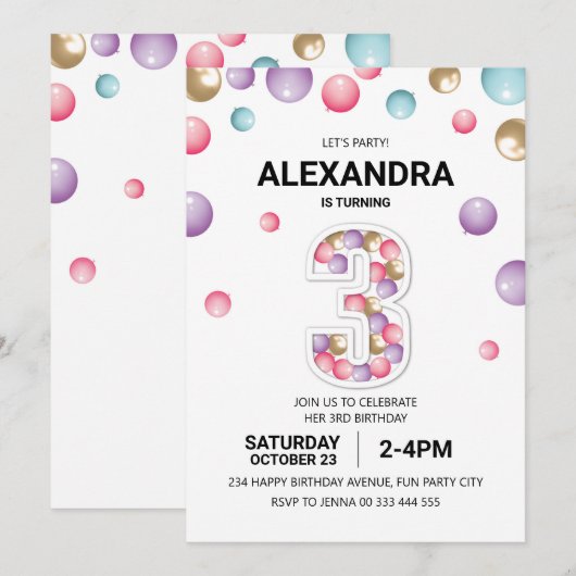 Regenboog 3e verjaardagsfeestje, roze ballon meisj kaart (Voorkant / Achterkant)