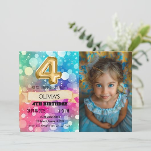 Regenboog 4 Jaar Oud 4e Verjaardag Foto Meisjes Vi Kaart (Staand voorkant)