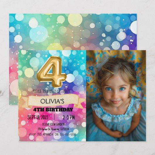 Regenboog 4 Jaar Oud 4e Verjaardag Foto Meisjes Vi Kaart (Voorkant / Achterkant)