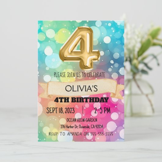 Regenboog 4 Jaar Oud 4e Verjaardagsfeestje Meisjes Kaart (Staand voorkant)