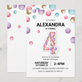 Regenboog 4e Verjaardagsfeestje, Roze Ballon Meisj Kaart (Voorkant / Achterkant)