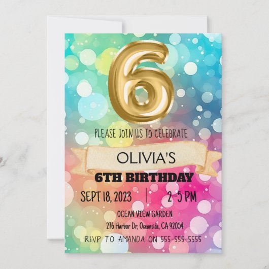 Regenboog 6 Jaar Oud 6e Verjaardagsfeestje Meisjes Kaart (Voorkant)