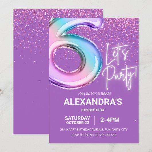 Regenboog 6e Verjaardagsfeestje Meisje Folie Ballo Kaart (Voorkant / Achterkant)