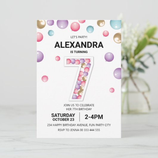 Regenboog 7e Verjaardagsfeestje, Roze Ballon Meisj Kaart (Staand voorkant)