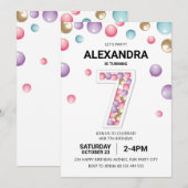 Regenboog 7e Verjaardagsfeestje, Roze Ballon Meisj Kaart (Voorkant / Achterkant)