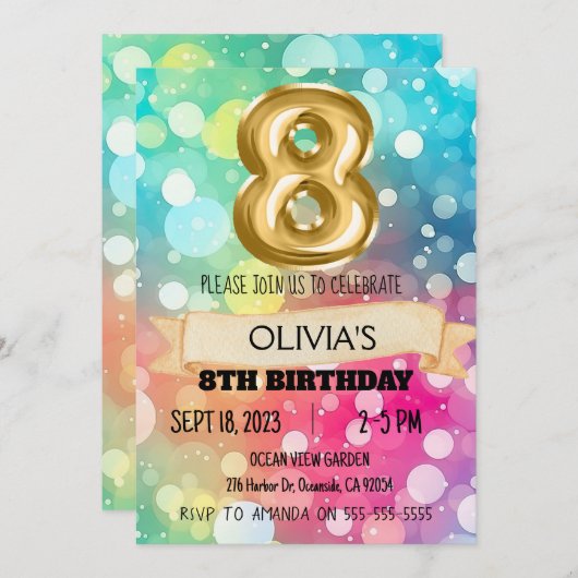 Regenboog 8 Jaar Oud 8e Verjaardagspartij Meisjes  Kaart (Voorkant / Achterkant)