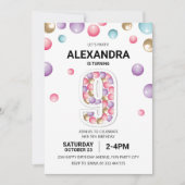 Regenboog 9e Verjaardagsfeestje, Roze Ballon Meisj Kaart (Voorkant)