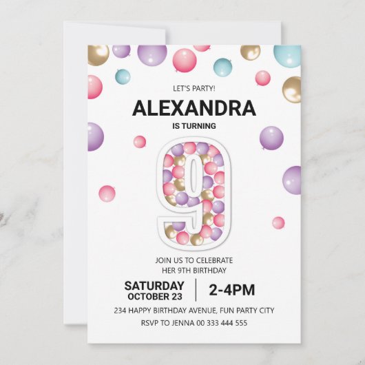 Regenboog 9e Verjaardagsfeestje, Roze Ballon Meisj Kaart (Voorkant)