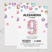 Regenboog 9e Verjaardagsfeestje, Roze Ballon Meisj Kaart (Voorkant / Achterkant)