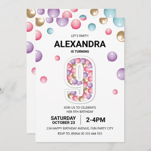 Regenboog 9e Verjaardagsfeestje, Roze Ballon Meisj Kaart (Voorkant / Achterkant)