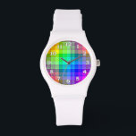 Regenboog, aangepast horloge<br><div class="desc">Dit regenboogvlakpatroon is helder en kleurrijk,  met een licht textuureffect. Het is een levendig,  levendig ingecheckt patroon dat er  uitziet als een achtergrond voor jouw tekst of foto. De horlogeaantallen zijn wit met een zwart overzicht.</div>